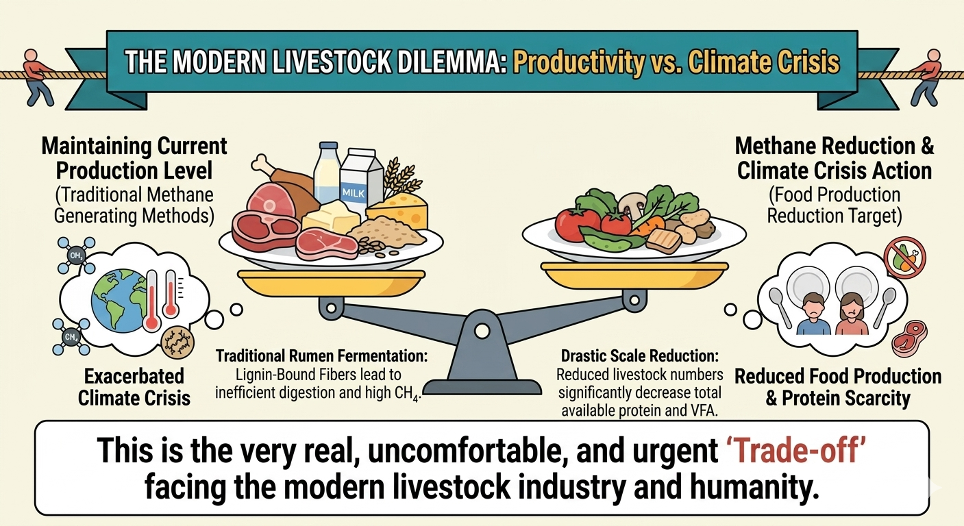 The modern livestock dilemma — a scale balancing production levels against methane and climate action