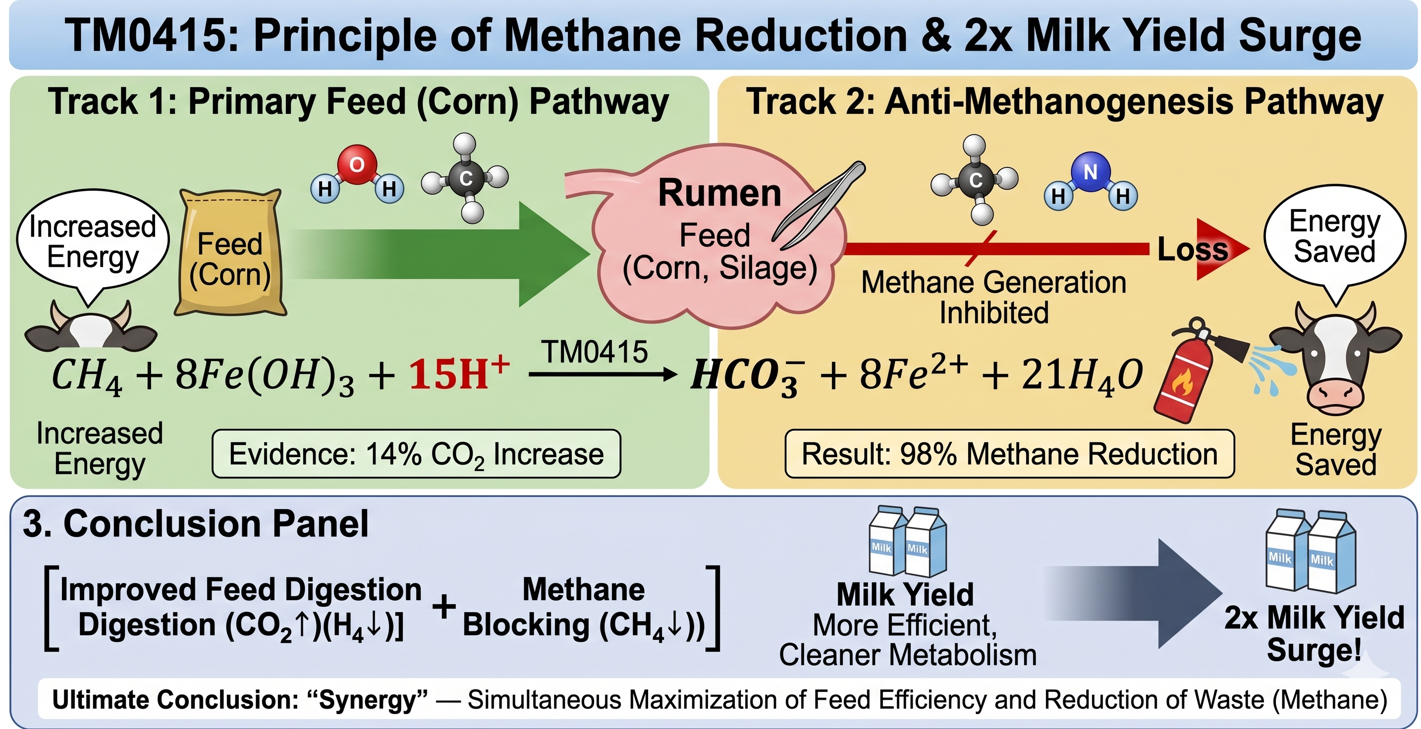 Acidosis prevention mechanism — chemical equation CH₄ + 8Fe(OH)₃ + 15H⁺ → HCO₃⁻ + 8Fe²⁺ + 21H₂O