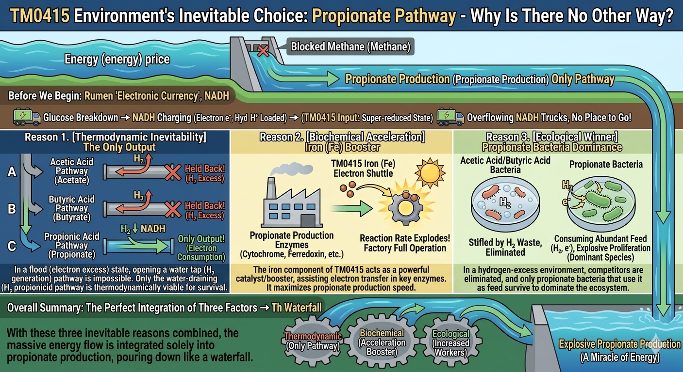 Why propionate is the inevitable pathway — three compounding factors